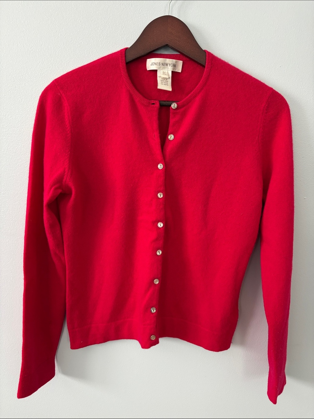 Jones New York Cashmere Cherry Red Button-Up Crewneck Cardigan